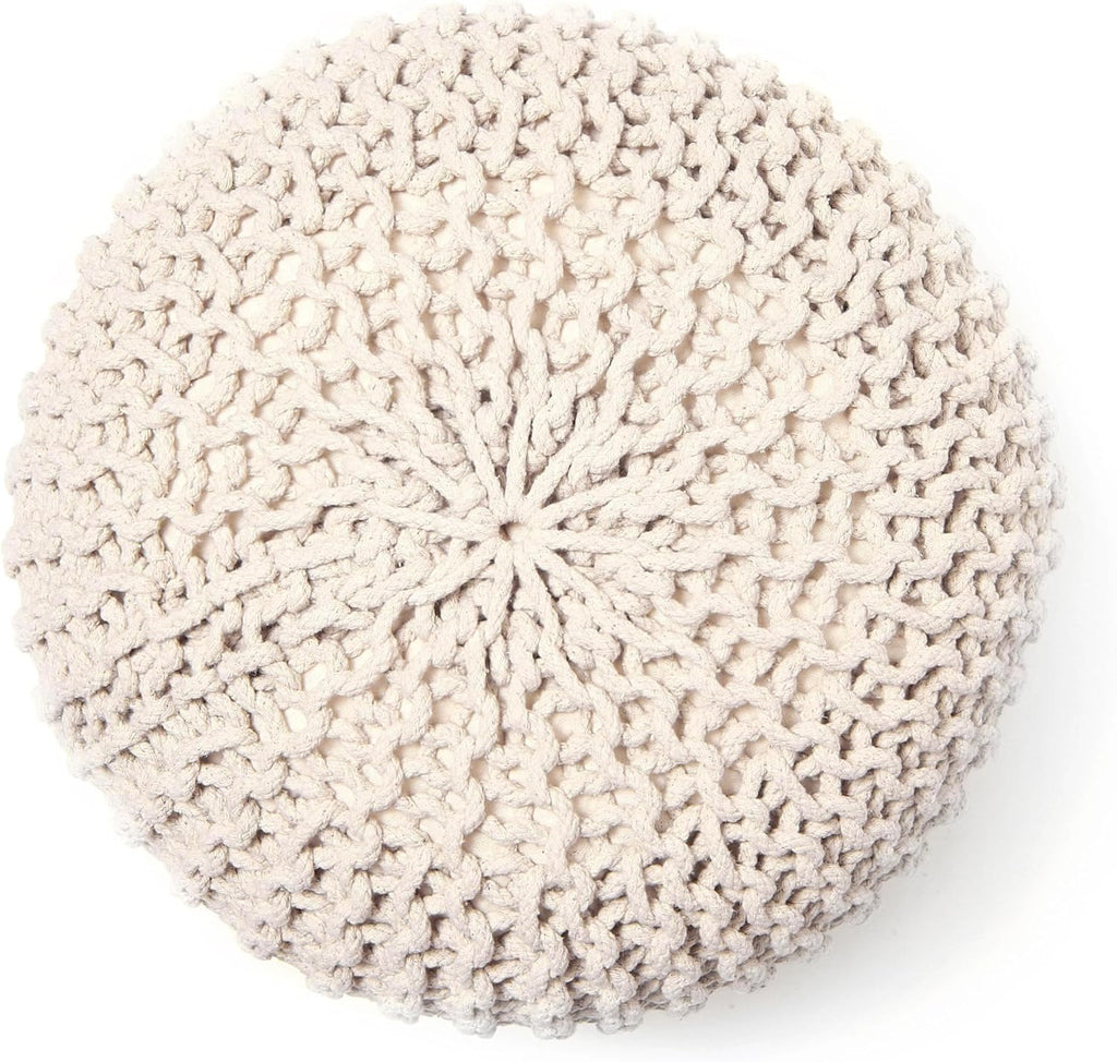 REDEARTH Round Pouf Ottoman –18"x18"x14" Hand-Knitted Cotton Pouffe –Cable Footstool –Boho Dori Hassock –Pre-Stuffed Poof – Extra Seat -Poofy Footrest for Living Room, Bedroom, Nursery, Nook –Ivory
