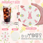 Whaline 4Pcs Easter Bunny Rabbit Egg Cotton Coasters - Handmade Braided Drink Coasters - Pink & White - Absorbent Round Tabletop Protection