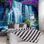 FENDROM Waterfall Tapestry Purple Forest Wild Flowers Floral Mountain Jungle Plants Nature Landscape Wall Hanging Bedroom Living Room Hanging Decorative Blanket