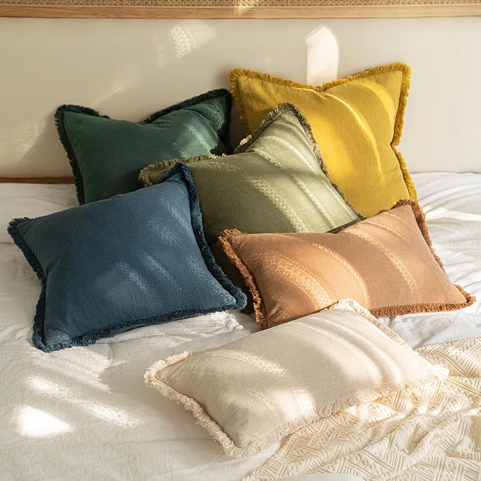 MIULEE Linen Fringe Decorative Euro Throw Pillow Covers Navy Blue 26x26 | Set - Image 7