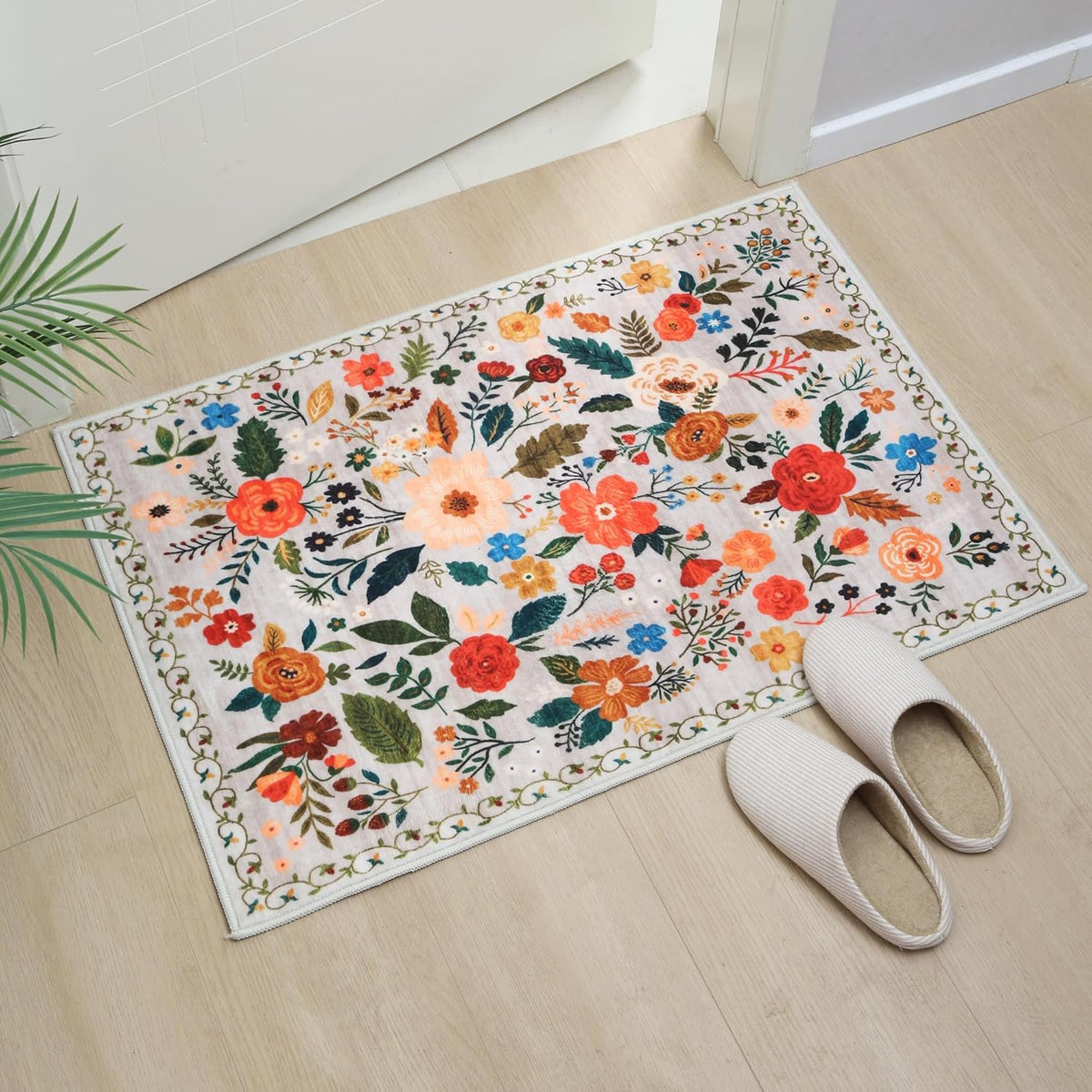 Door Mat Indoor Entrance 2x3 Rug Machine Washable Boho Floral Small Area Rug Non-Slip Low Pile Throw Rugs for Entryway, Kitchen, Front Door Indoor Entrance, Entry, Kids Room (Beige)