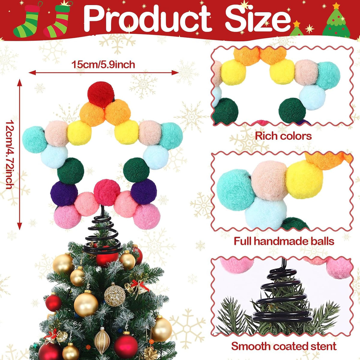 Rainbow Mini Felt Ball Star Christmas Tree Topper Small Colorful Pom Pom Felt Ball 4.7 x 5.9 Inch Tiny Xmas Tree Topper Colorful Five Pointed Star Xmas Ornaments for Decoration