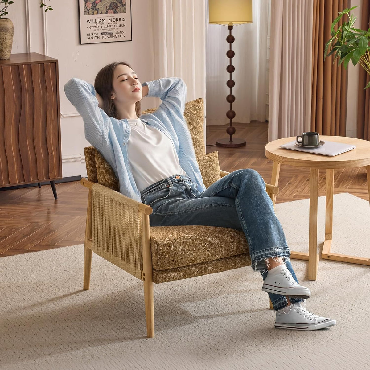 VINGLI Boho Braid Accent Armchairs Set of 2,Mid-Century Modern Chiars with Solid Wooden Armrest,Comfy Louge Cushion Chairs with Waist Pillow for Bedroom,Living Room,Reading Room, Khaki