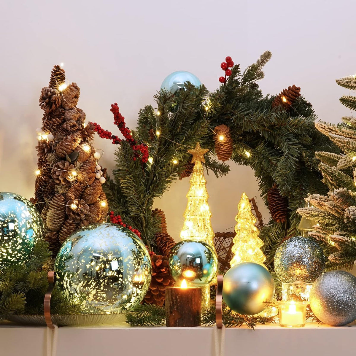 XmasExp Large Christmas Ball Ornaments,4pcs Light Blue Giant Shatterproof Plastic Hanging Mercury Xmas Ball Decorations Christmas Tree Ornaments (Lake Blue, 4")