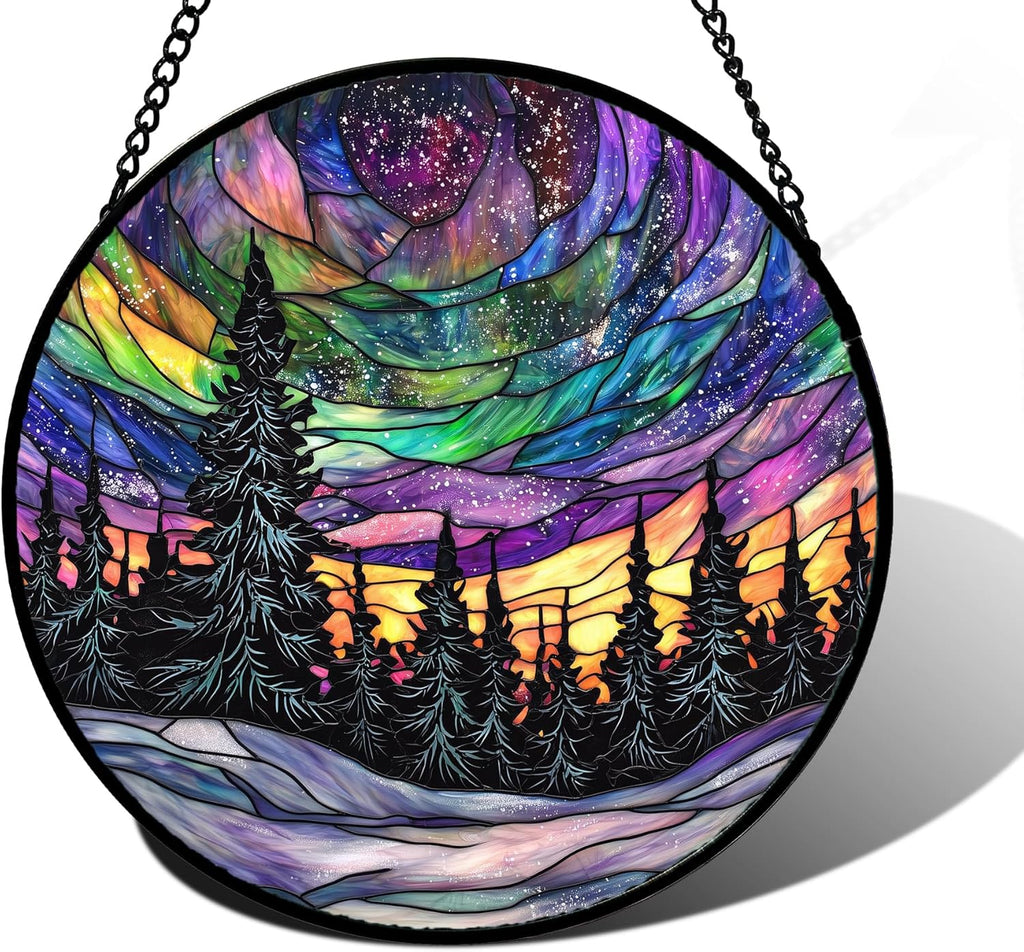 Stained Glass Window Hanging, Van Gogh Night Scene Sun Catchers Colorful Glass Panel Starry Sky Suncatcher Decor for Birthday for Women, Men, Wife, Aunt, and Mom 7.8 in
