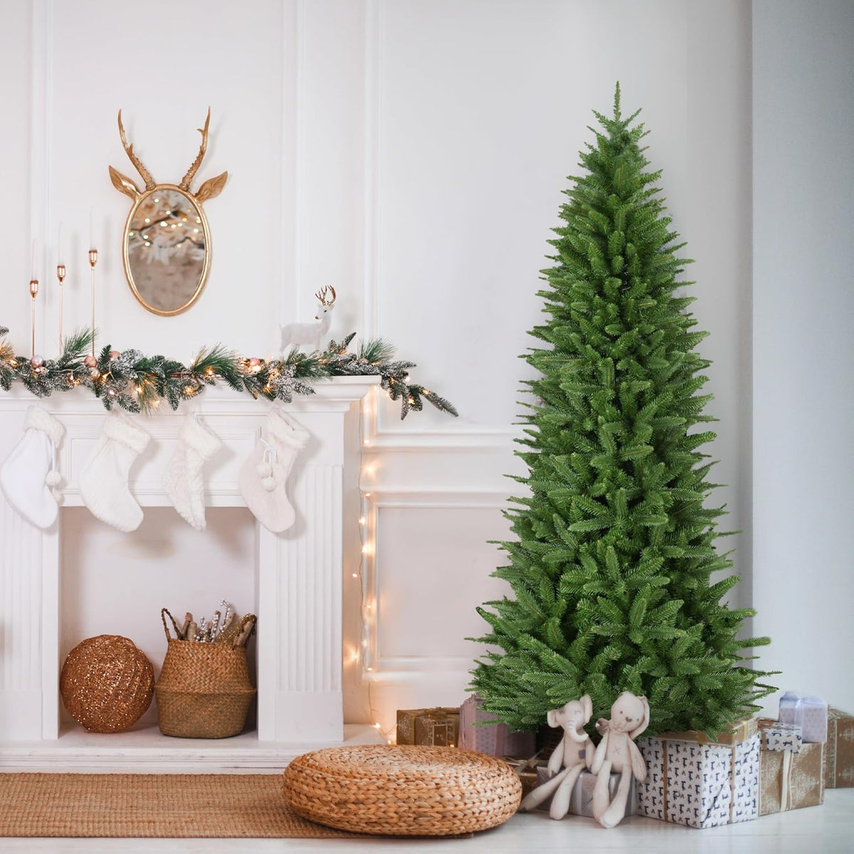 Fraser Hill Farm 7.5-Ft. Winter Falls Slim Artificial Christmas Tree with Stand and No Lights, Unlit Foldable Christmas Tree with Realistic Foliage for Home Decoration