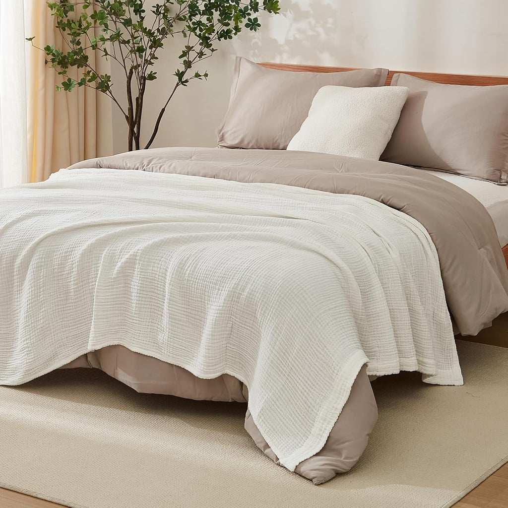 EMME Cotton Blanket for Couch Breathable Gauze All Season Soft and Lightweight Muslin White Throw Blankets for Adults (White, 50"x70")