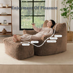 Oversized Bean Bag Chaise Lounge Chair Indoor for Adults with Armrests & Ottoman - Giant Comfy Khaki Beanbag Floor Sofa Cloud Accent Chair for Reading, Gaming, Cozy Plush Cloud Mini Couch