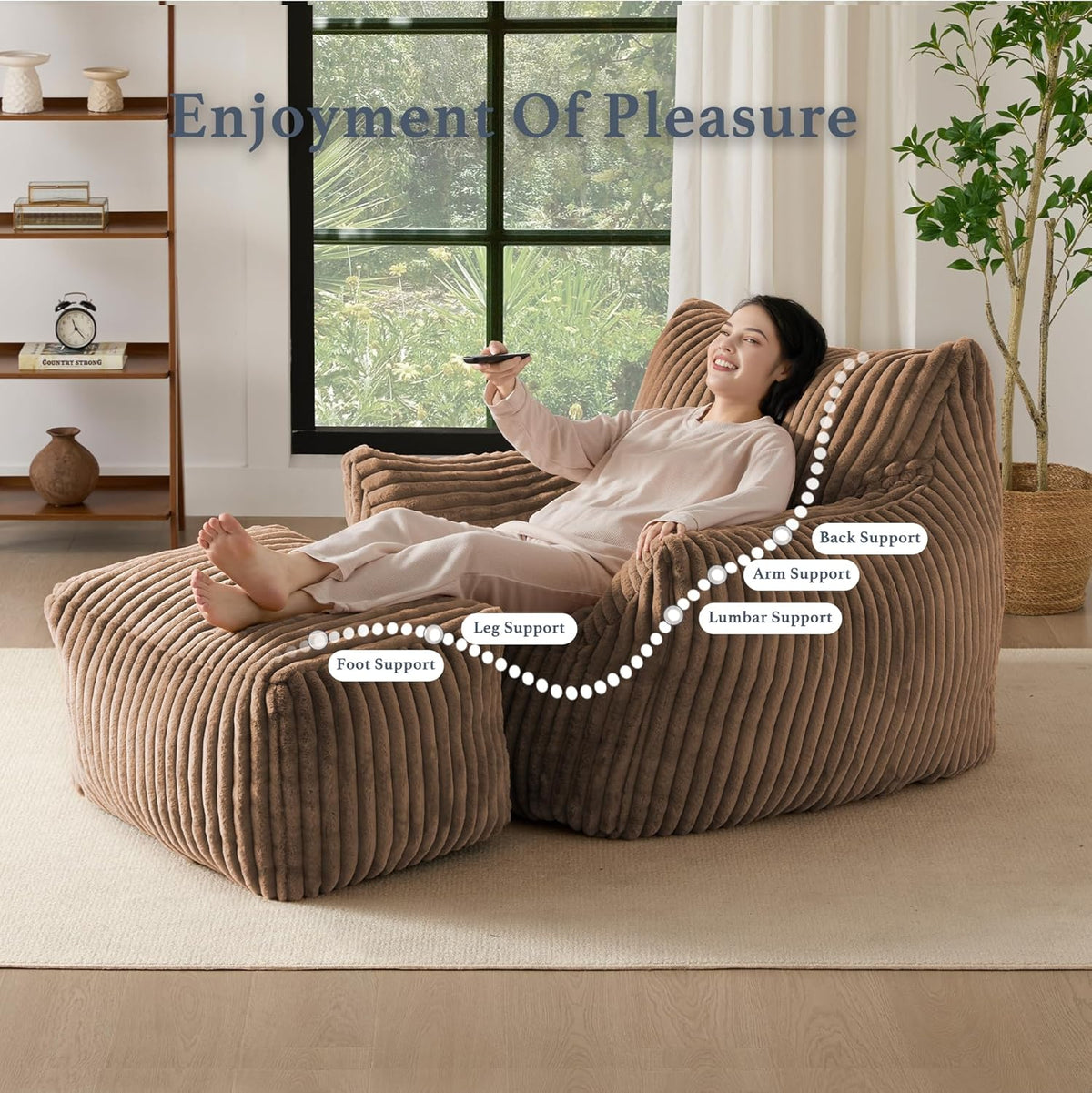 Oversized Bean Bag Chaise Lounge Chair Indoor for Adults with Armrests & Ottoman - Giant Comfy Khaki Beanbag Floor Sofa Cloud Accent Chair for Reading, Gaming, Cozy Plush Cloud Mini Couch