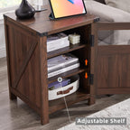JXQTLINGMU Farmhouse End Table with Charging Station, 18'' Rustic Nightstand with Barn Door & Adjustable Shelf, Wooden Sofa Side Table with 3-Tier Storage for Living Room, Bedroom, Brown