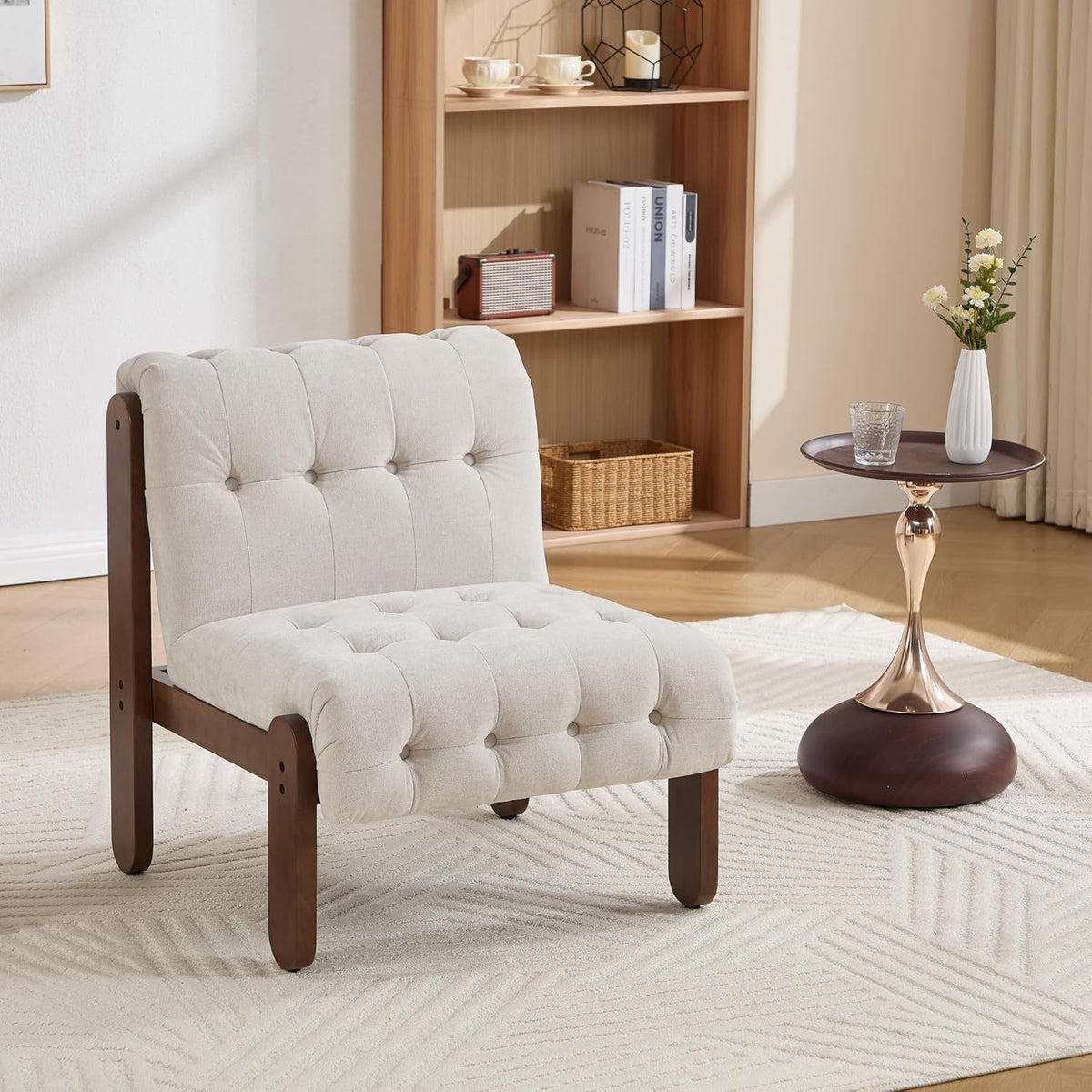 Modern Armless Accent Chair Set of 2 for Living Room, Beige Linen Button Tufted Upholstered Lounge Reading Chair with Walnut Wood Frame