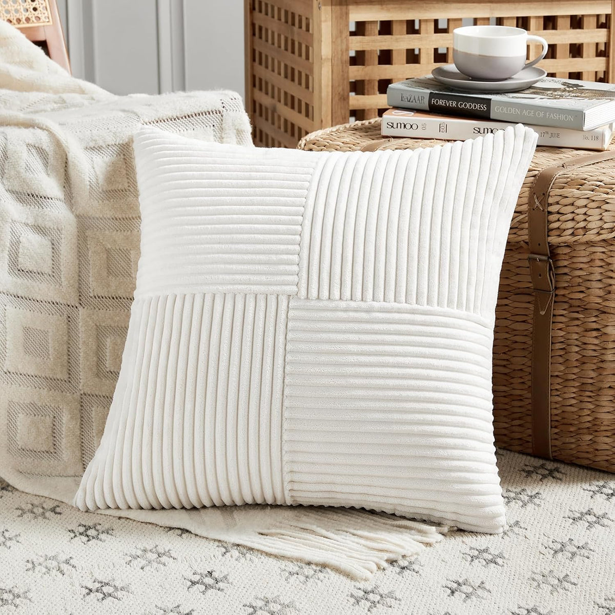 Fancy Homi 2 Packs Cream White Big Decorative Throw Pillow Covers 24x24 Inch for Living Room Couch Bed, Farmhouse Boho Home Decor, Soft Corss Corduroy Patchwork Accent Square Cushion Case 60x60 cm