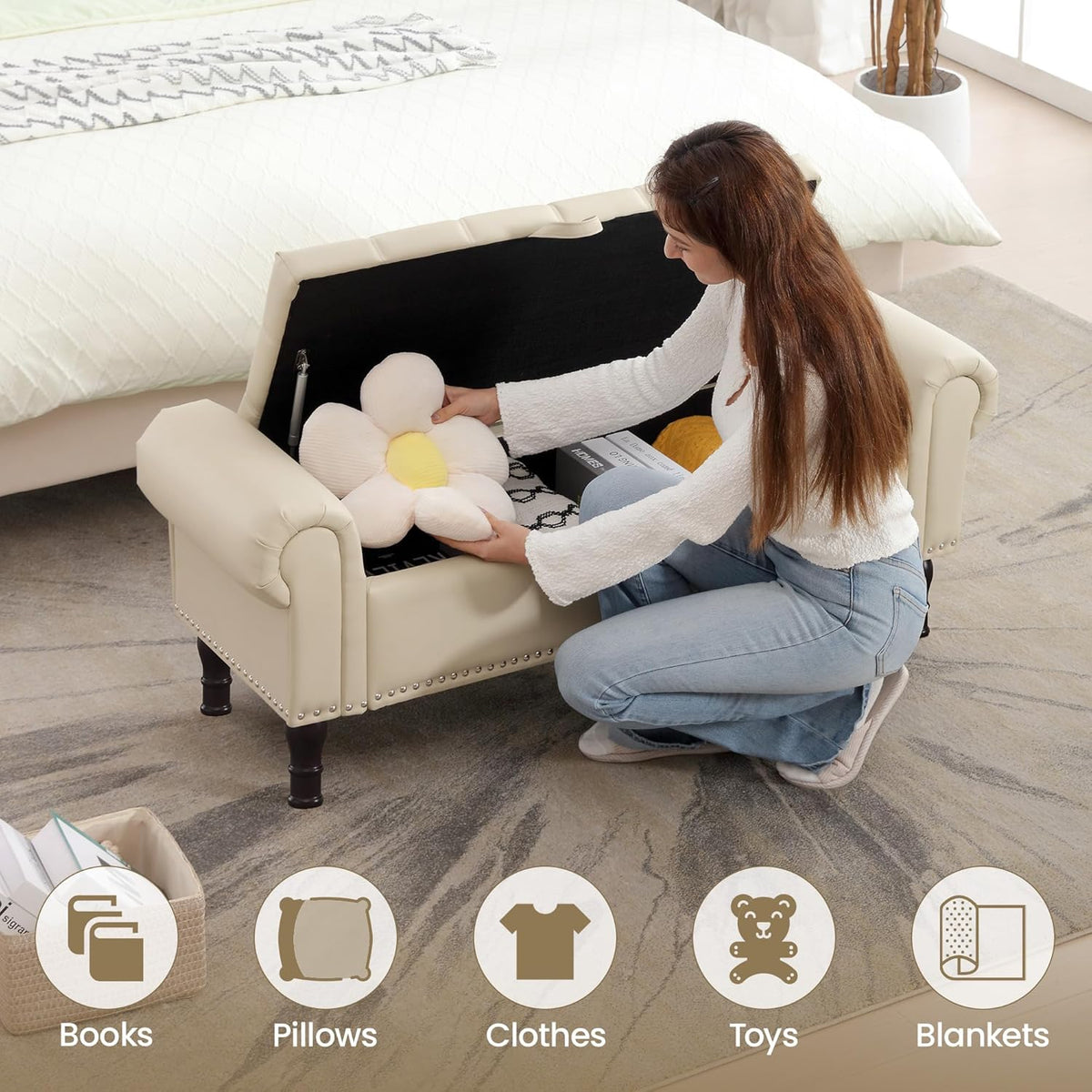 51" Storage Ottoman Bench for Bedroom, Full Queen Storage Bench with Button, Upholstered Bedroom Bench with Rolled Arms for Living Room, Storage Room, Entryway, Beige+Brown Legs