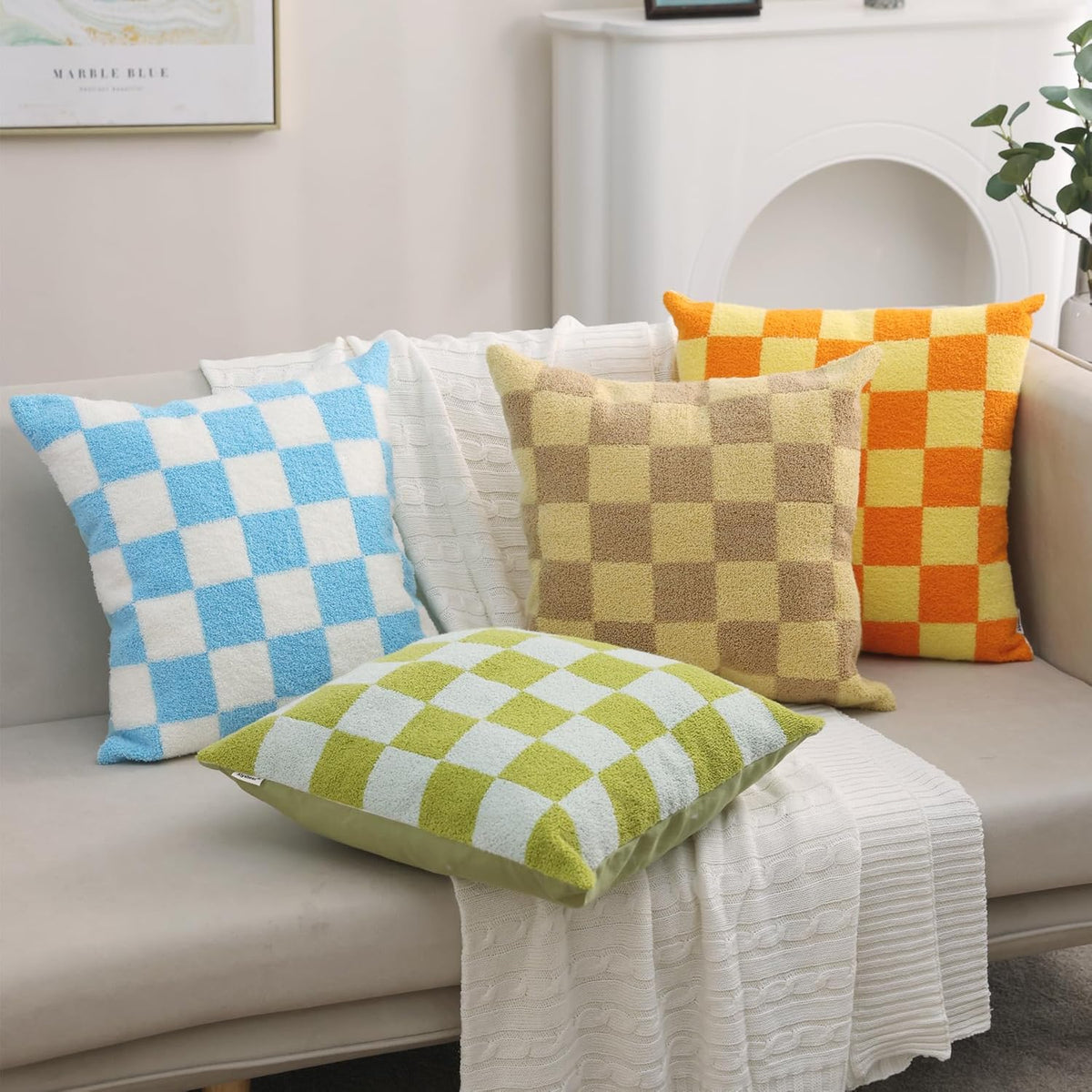 Alysheer Checkered Embroidered Decorative Throw Pillow Covers 18"x 18" Set of 2, Classic Accent Designer Blue White Plaid Patterned Cotton Cushion Cases for Sofa Couch Bed Living Room Outdoor Decor
