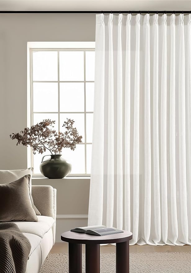 Beige White Pinch Pleat Semi Sheer Linen Curtain 70Wx102L 1 Panel | Light - Image 5