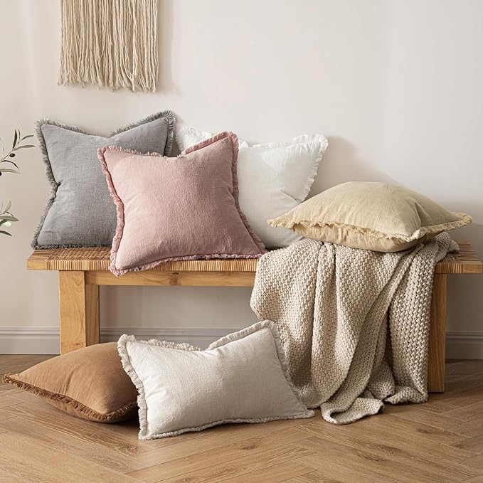 MIULEE Boho Linen Fringe Decorative Euro Throw Pillow Covers White 22x22 | Set - Image 5