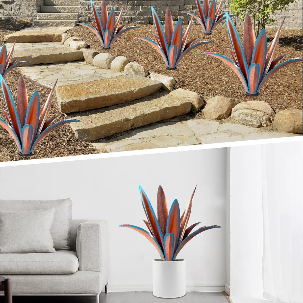 TOMBABY Enlarge Thickened Wind Resistant Iron Agave Metal Plant Country Garden Sculpture Statue Outdoor Decoration Agave Metal Plant Courtyard Garden Lawn Ornament Gift (2, 12 Leaves Blue)