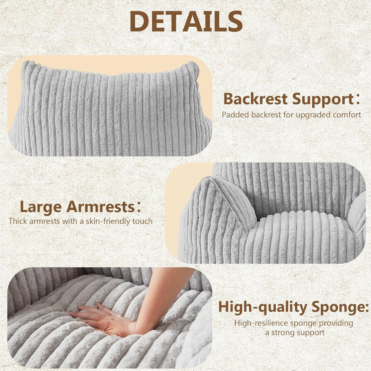 Giant Bean Bag Chairs for Adults Teens, Large Bean Bag Sofa Chairs with Filling Comfy Fuzzy BeanBag Chair with Armrests for Bedroom Living Room Reading (Light Gray, Large)