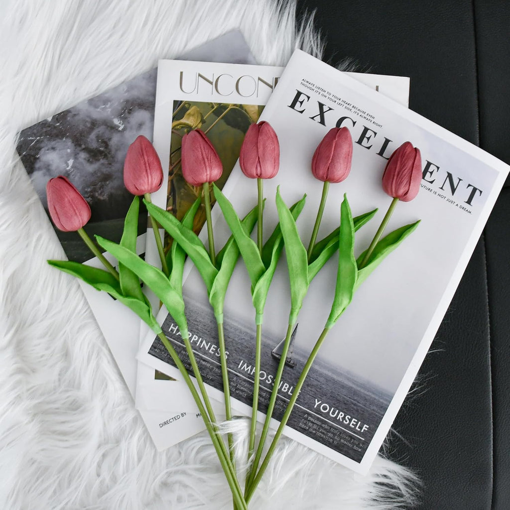 Mandy's Artificial Tulips 20 Stems Mauve PU Faux Flowers for Wedding Home Decor 13.5 Inch
