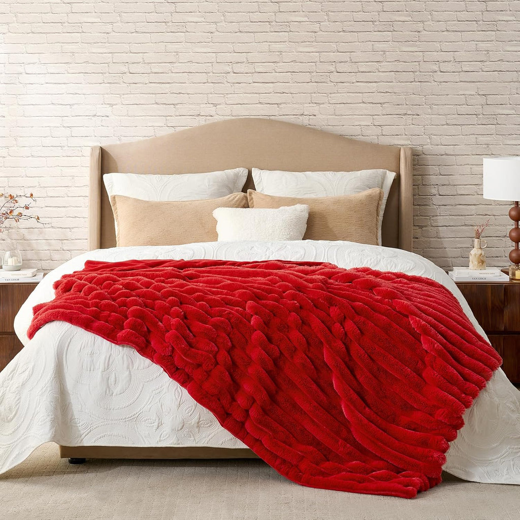 Cozy Bliss Faux Fur Throw Blanket for Couch, Cozy Warm Plush Striped Blanket for Sofa Bedroom Living Room,60 * 80 Inches Cardinal Red