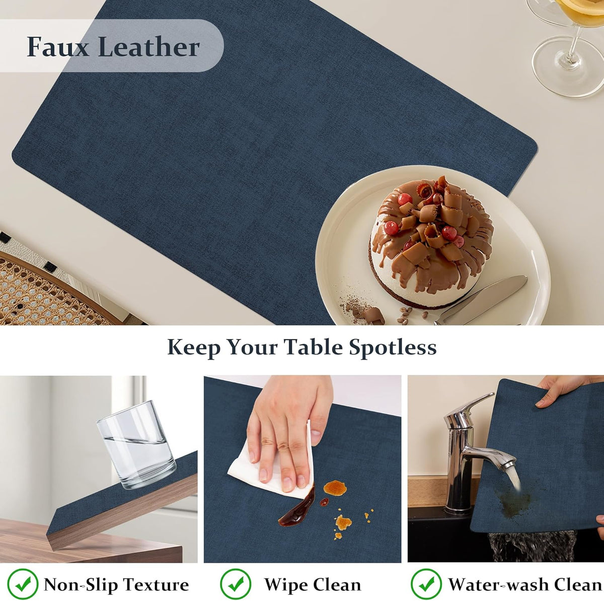 FROMHEART Faux Leather Placemats Set of 8–Waterproof,Heat/Oil Stain-Resistant PU Table Mat–Reversible,Non-Slip,Easy to Clean Place Mats for Kitchen,Dining,Indoor/Outdoor,(Dark Blue,11.8" x 17")