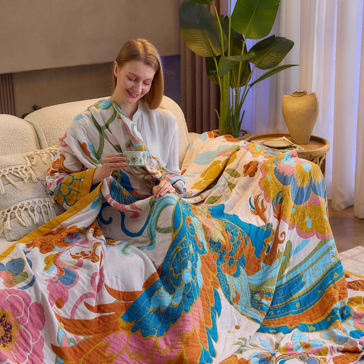 Boho Throw Blanket, Lightweight Blankets for Summer, 100% Cotton Bohemian Decorative Throw Blanket, 90"x98" Reversible Muslin Breathable Woven Farmhouse Blankets Quilt,
