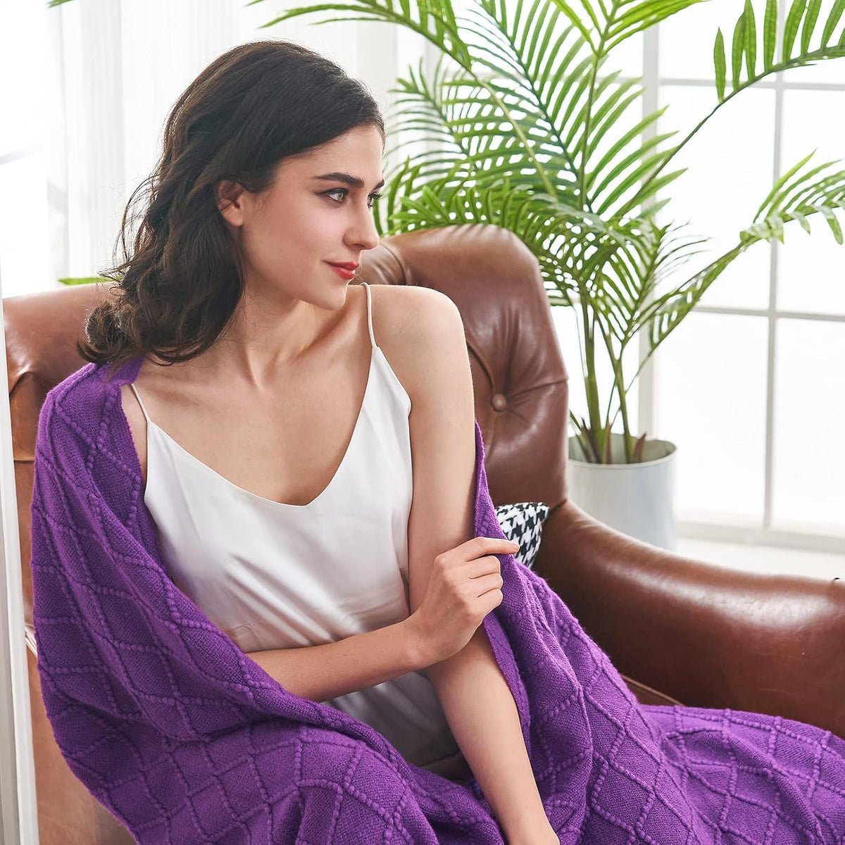 inhand Valentine's Day Gifts Throw Blanket Purple for Couch, Soft Living Room Home Decor Knitted Blanket, Outdoor Lightweight Breathable Summer Blanket, Farmhouse Warm Woven Decorative,50"x60"