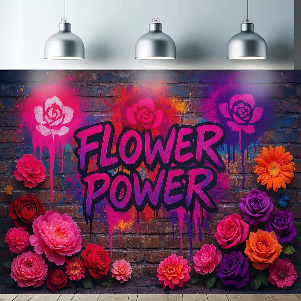 Starlit Patio Flower Power Blacklight Tapestry UV Reactive Wall Hanging Graffiti Brick Wall Roses Spray for Bedroom Dorm Living Room Glowing Retro Aesthetic Decor Fluorescent Trippy Poster 78 x 59 Inc