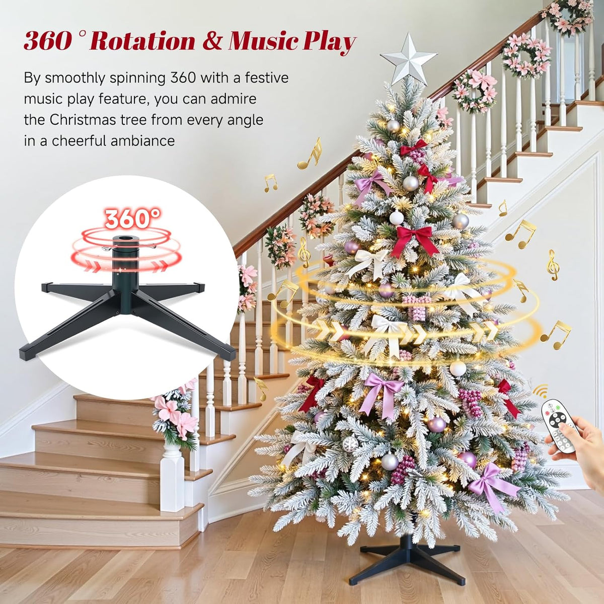 9FT Snow Flocked Pre-Lit Christmas Tree with 360° Rotating Base, 2512 PE/PVC Tips, 600 LED Lights, 8 Modes, Dimmable and Timer Functions, Musical Artificial Xmas Tree for Holiday Decor