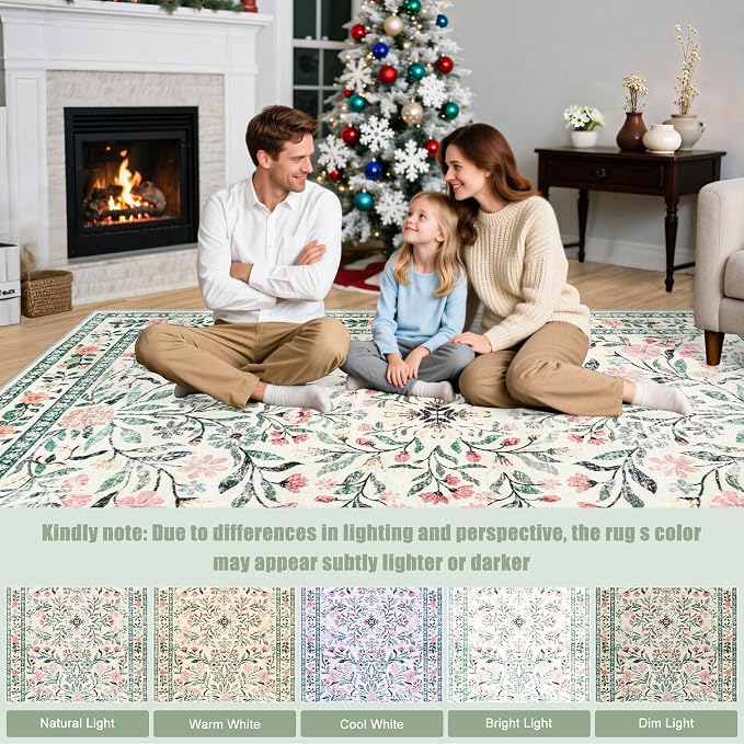 PLHXFR 2.6x10 Washable Runner Rug：Floral Indoor Kitchen Carpet Green Beige | - Image 9