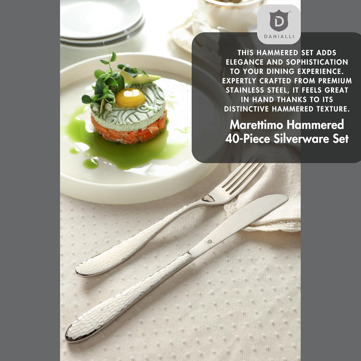 Hammered Silverware Set | Premium 18/10 Stainless Steel Flatware Service for 8 | Heavy-Duty & Dishwasher Safe | Built to Last (40-Piece, Marettimo Hammered)