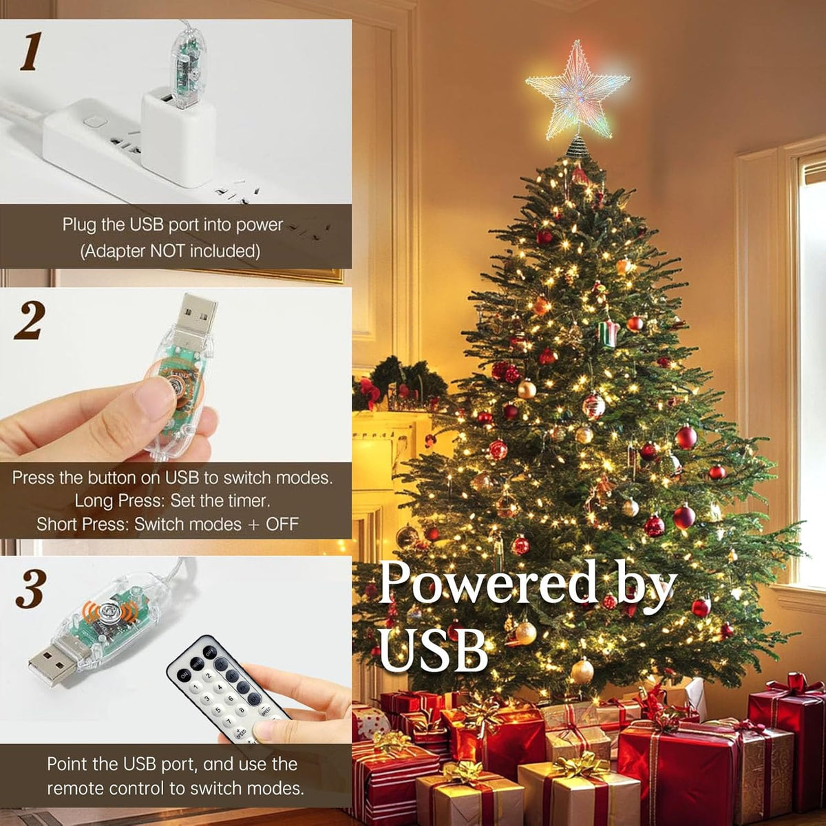 Christmas Tree Topper Star Silver with 50 Colouful LED Lights 8 Lighting Modes Timer, Tradition Tree Topper Star for Home Holiday Xmas Tree Christmas Decor, Colorful Light