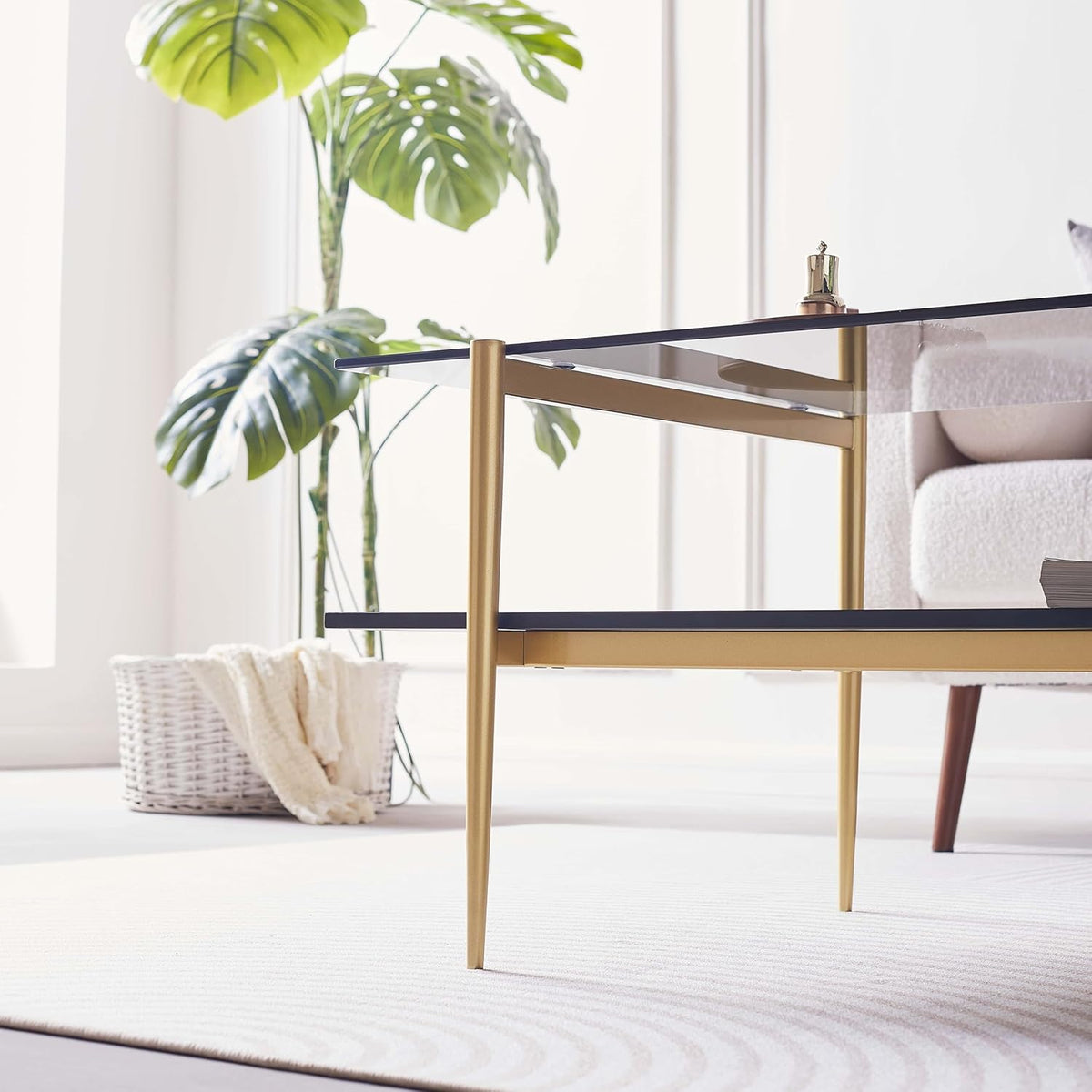 Rectangle Coffee Table for Living Room, Mid-Century Modern Design, L41 x W21 x H17, 2-Tier Structure, Clear Glass Top and Black Marble Wood Shelf, Conical Metal Legs with Gold Finish