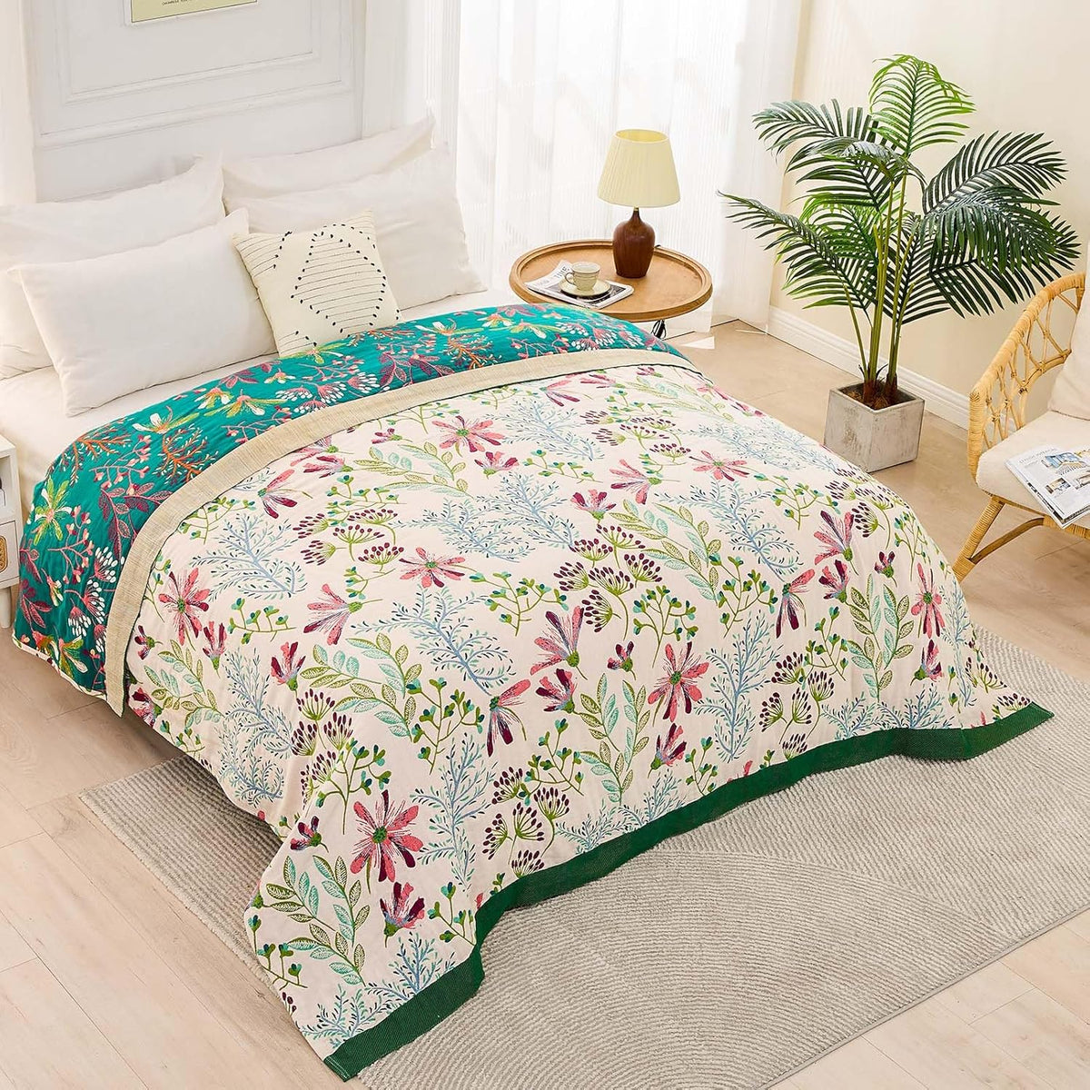 Boho Throw Blanket for Bed, 100% Cotton Soft Rustic Quilt Fall Blanket, 80" 90" Floral Printed Farmhouse Decor Bed Blankets, All Season Rustic Reversible Bohemian Throw Quilt