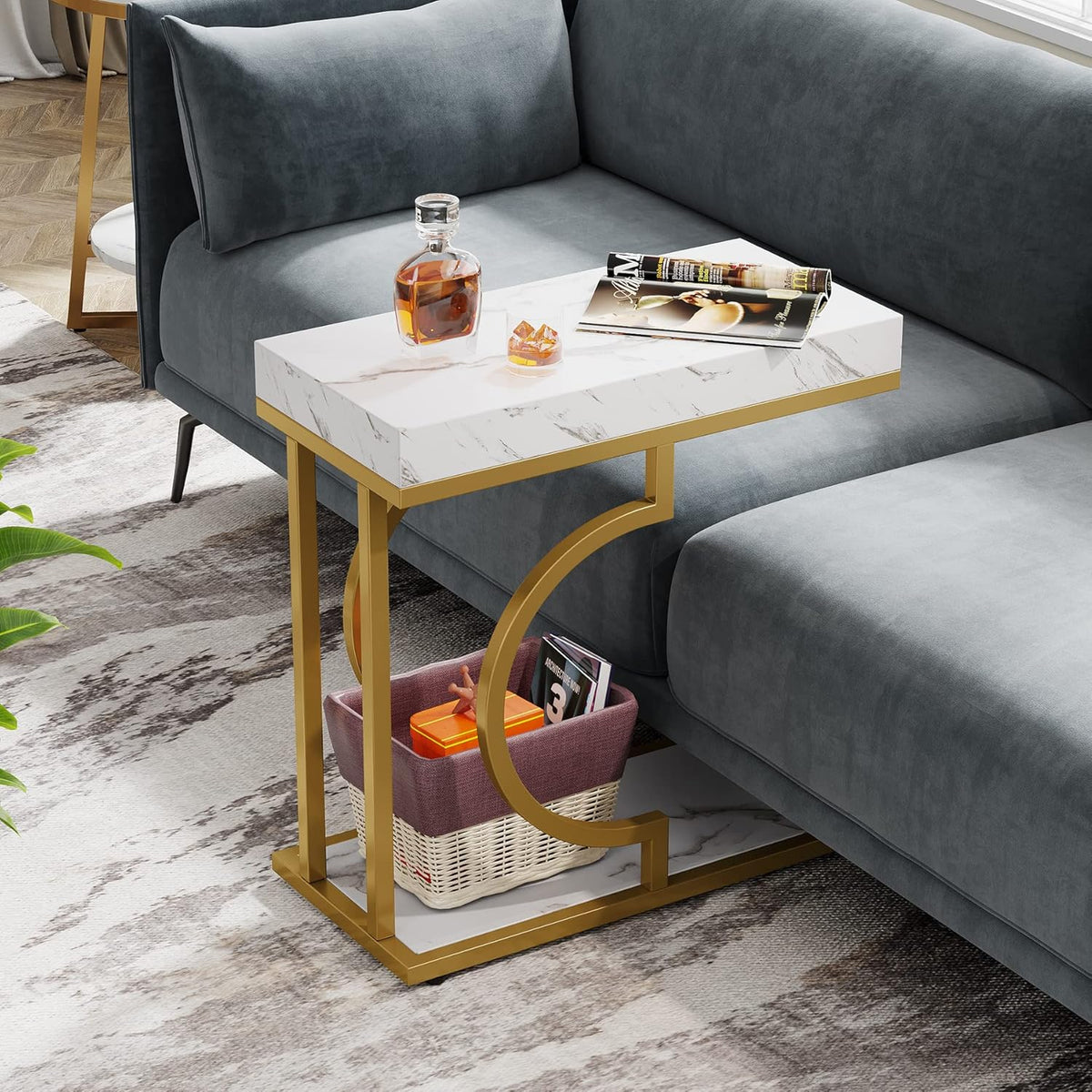 Tribesigns Narrow Side Table White Gold C Shaped End Table Modern Small Bedside Tables for Couch, Sofa Chairside Tables with Metal Frame for Living Room (2, White+Gold)