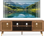JYED Mid Century Modern TV Stand and Console for TVs Up to 75 inch - Rustic Oak Entertainment Center, 2 Gold Metal Mesh Doors & MDF Wood Grain, 15.8" D x 66" W x 23.5" H