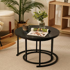 Round Modern Nesting Coffee Table Set of 2,Waterproof Faux Marble Wood Top & Metal Frame and Easy Assembly for Living Room,Office,Balcony (Black+Black