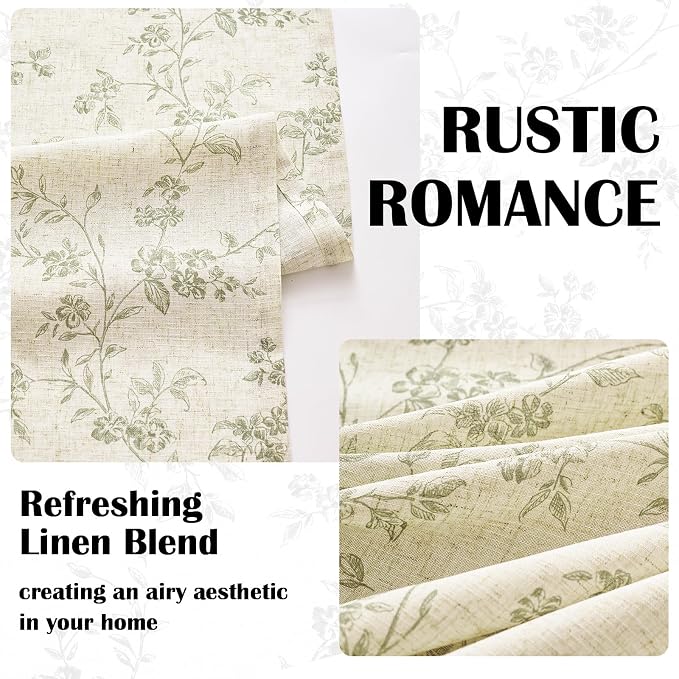 Green Vintage Floral Linen Curtains Farmhouse 50W X 90L 2 Panels | Elisa Series - Image 4