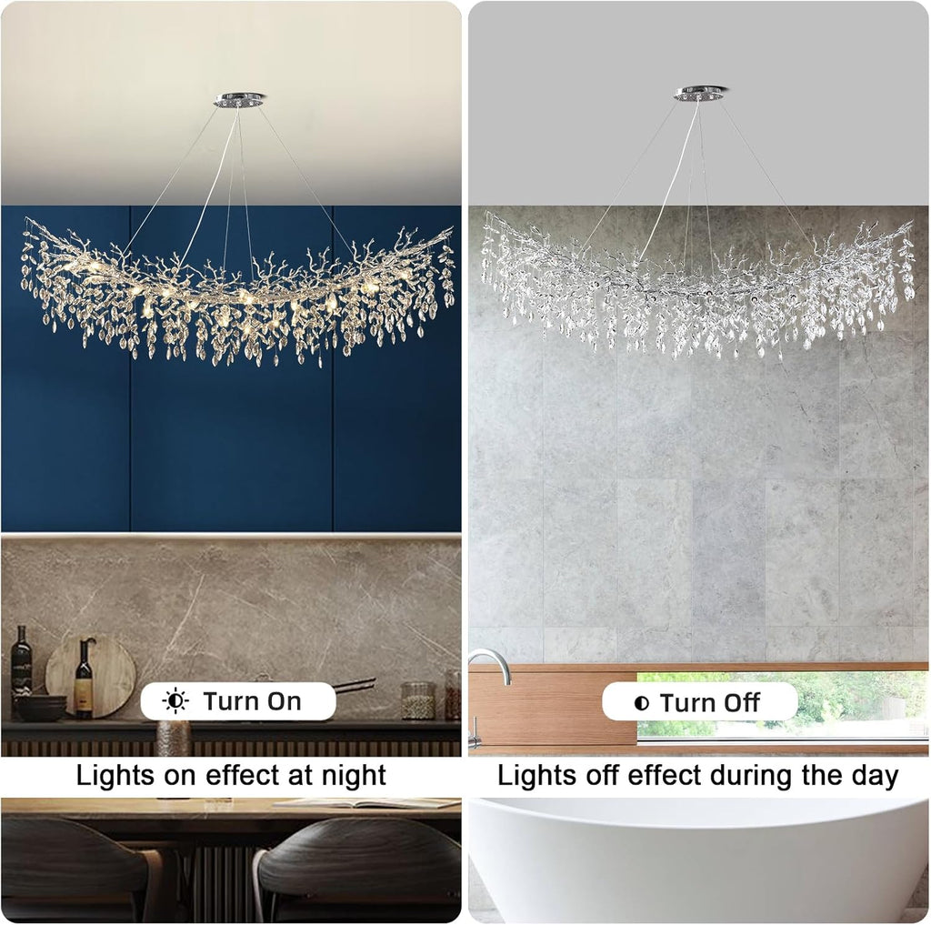 Modern Crystal Silver Chandelier,72" Large Rectangular Chandeliers for Dining Room, Tree Branch Crystal Lving Room Chandelier,Dining Room Over Table Chandelier,Fixture Height-Adjustable
