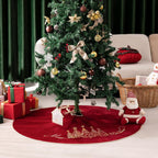 CROWNED BEAUTY Christmas Tree Skirt Red Velvet Collar 50 Inch Embroidered Gold Pine Trees Soft Plush Fur Holiday Decoration (Red) TS36-50
