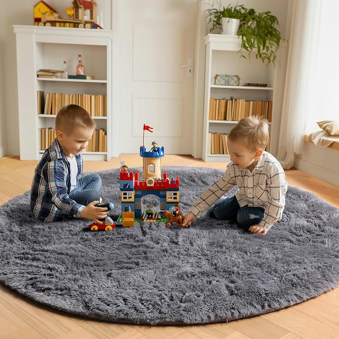 Grey Round Rugs 8ft for Living Room, Fluffy Bedroom Circle Area Rug, Soft Plush - Image 4