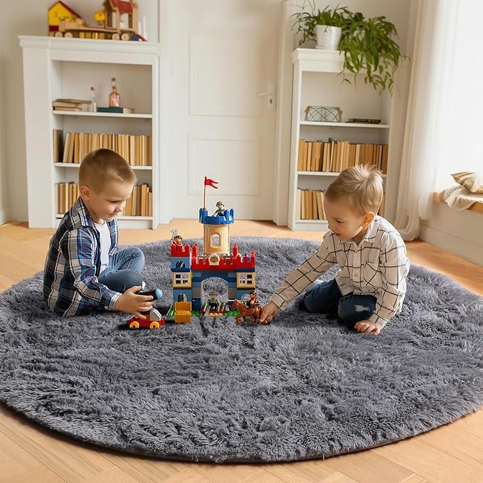 Grey Round Area Rug 4ft, Fluffy Plush Shaggy Carpet Mats - Image 4
