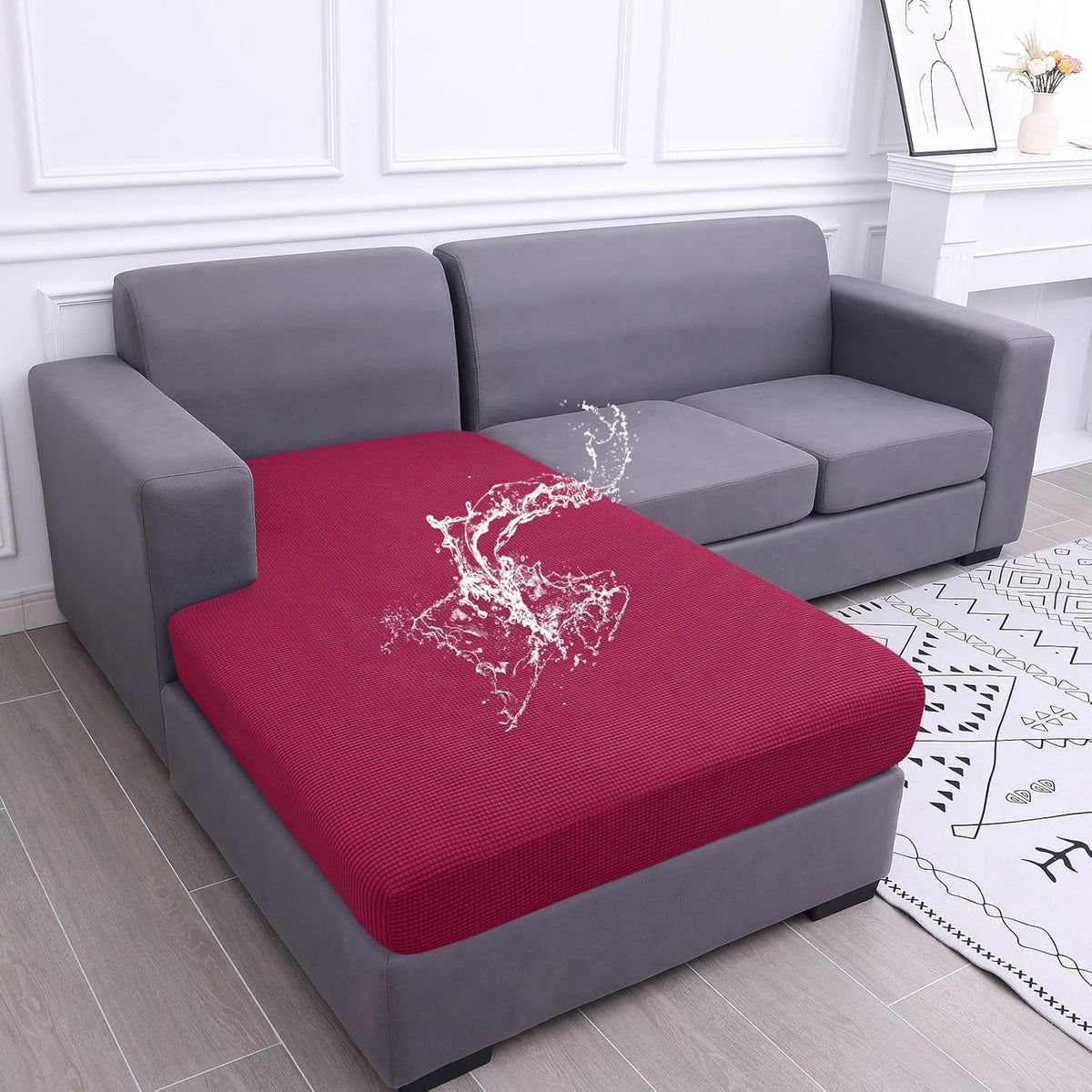 hyha Waterproof Sectional Couch Covers, Non Slip Sofa Couch Cushion Covers L Shape, Thick Stretch Jacquard Fabric, Washable Sofa Slipcovers with Elastic Bottom (1 Piece for Chaise XL, Wine Red)