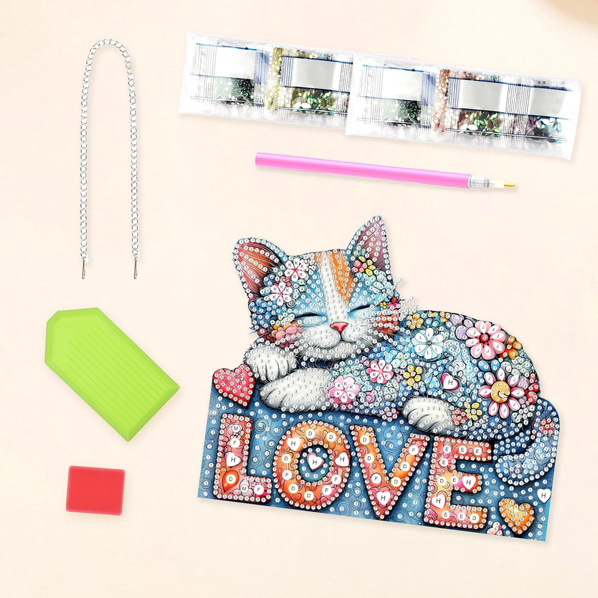 Lxmsja DIY Colorful Cat Diamond Painting Hanging Ornament, Double-Sided Acrylic Love Hearts Diamond Art Kit, Special Shaped Drill Pendant Window Art Kit, Suncatcher Hanging Craft Decoration 7×8 inch