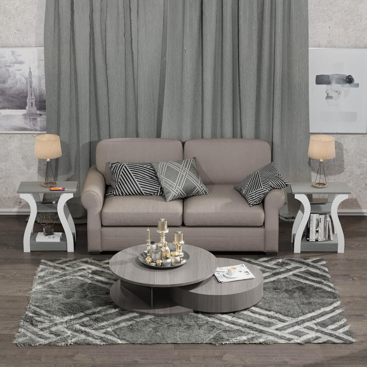 End Tables Living Room Set of 2,Grey End Table with Charging Station,Grey Side Table, Nightstand for Bedroom, 3 Tier End Table with Storage Shelf for Living Room