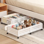Under Bed Storage Containers With Wheels - 2 Pcs Large Bamboo Wood Rolling Underbed Shoe Storage Bins With Dust Bags for Clothes Blankets, Duvet Covers Snacks Toys (White)