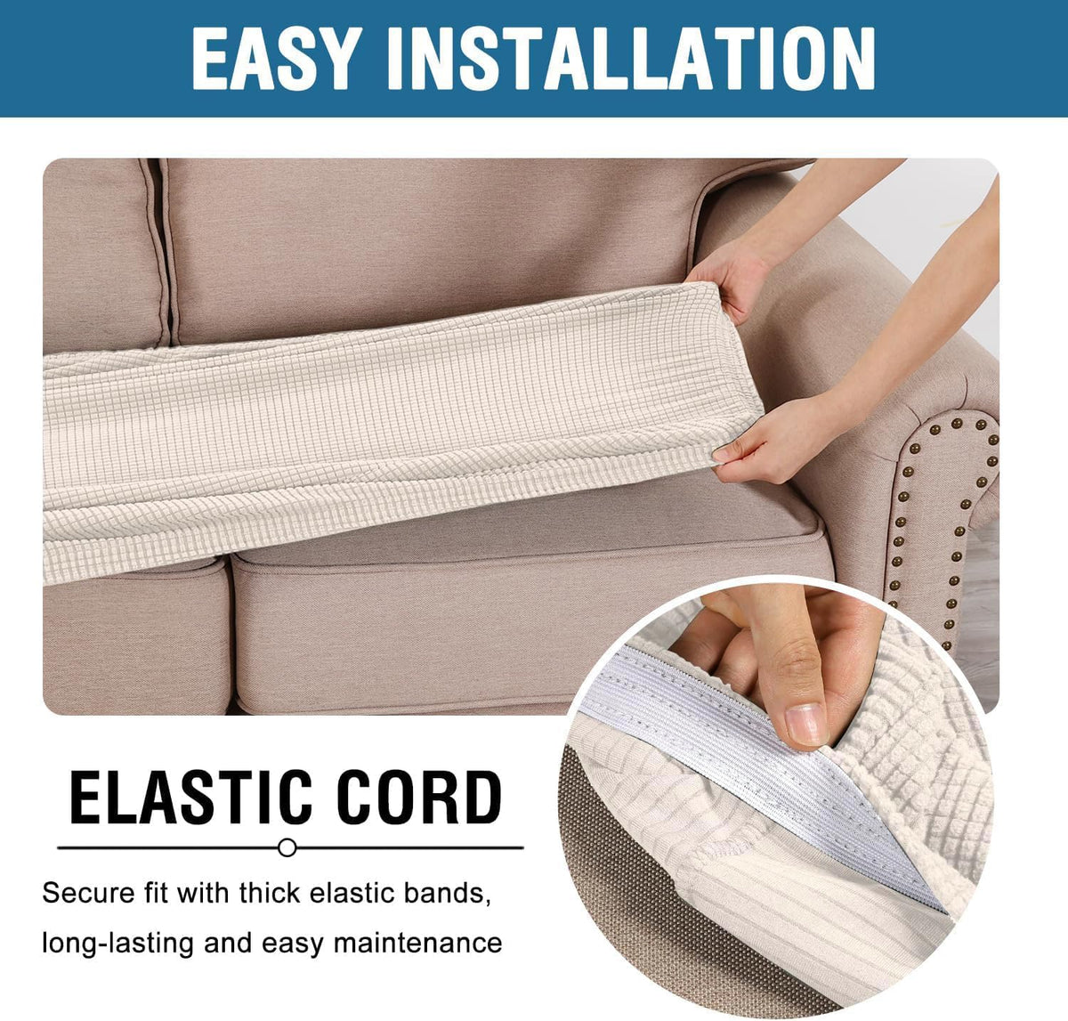 H.VERSAILTEX Super Stretch Individual Seat Cushion Covers Sofa Covers Couch Cushion Covers Slipcover Sets Thick Jacquard Textured Twill Fabric (2 Piece Medium Sofa Cushion Covers, Ivory)