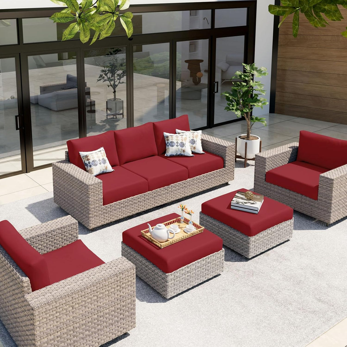 hyha Waterproof Couch Cushion Covers, Stretch Sofa Couch Seat Slipcover for Dog Washable, Non-Slip Waterproof Outdoor Cushion Covers for Patio Furniture Replacement (3 Pieces, Wine Red)