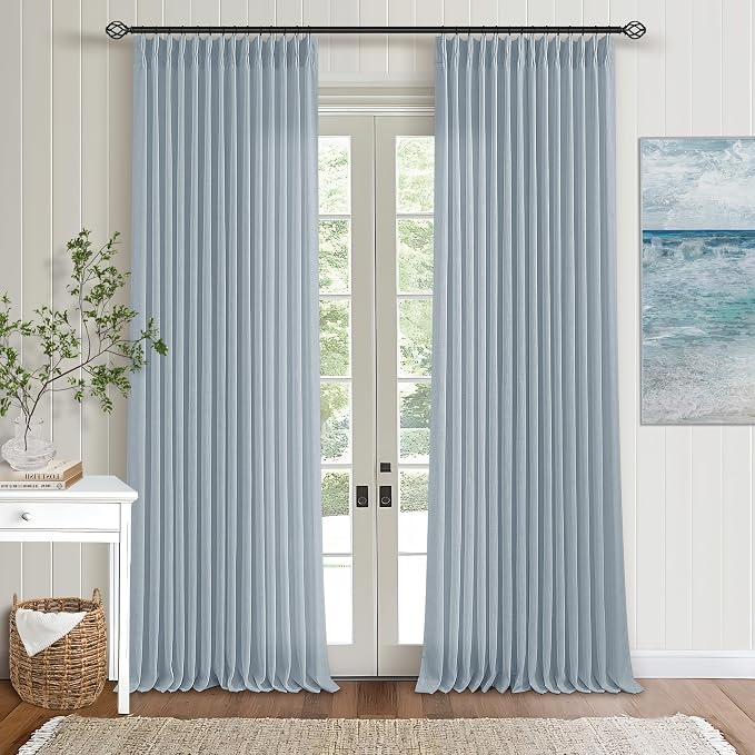 Dusty Blue Linen Pinch Pleated Curtains 108 Inches Long 2 Panels | Semi Sheer - Image 7