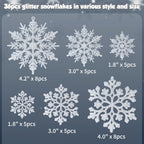 36pcs Christmas Silver Snowflake Ornaments Plastic Glitter Snow Flakes Ornaments for Winter Christmas Tree Decorations Size Varies Craft Snowflakes